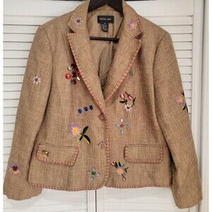 VTG Y2K Tweed Blazer Focus 2000 Women's Sz 12 Embroidered Gems Boho Western